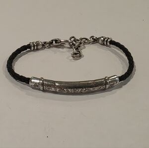 Brighton Silver‎ Braided Leather Bracelet Floral Scroll Design Toggle Clasp